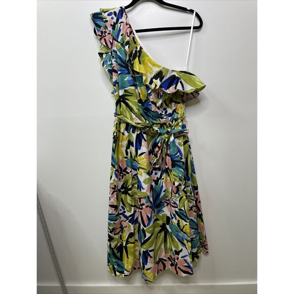 Donna Morgan Women's Cotton Floral Ruffle One Shoulder Midi Dress 14W Artsy Bold - Picture 5 of 14